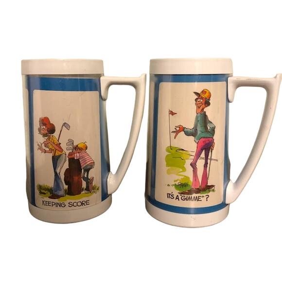 Thermo Serv Insulated Vintage 2 Plastic Mugs Tall Golf Humor Funny Pair - Picture 1 of 9